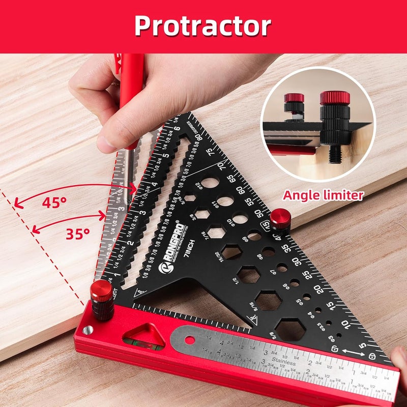 RONGPRO 8 in 1 Rafter Square with Carpenter Pencil, Multi-Purpose Carpenter Square Tools: Square, Protractor, Steel Ruler, MarkingGauge, T-Bevel Gauge, Bubble Level - Image 4